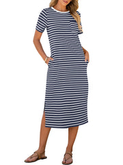 ANRABESS Womens Summer Casual Midi Dress Short Sleeve Crewneck T Shirt Long Dresses Split Stripe Beach Vacation Travel Outfit Small