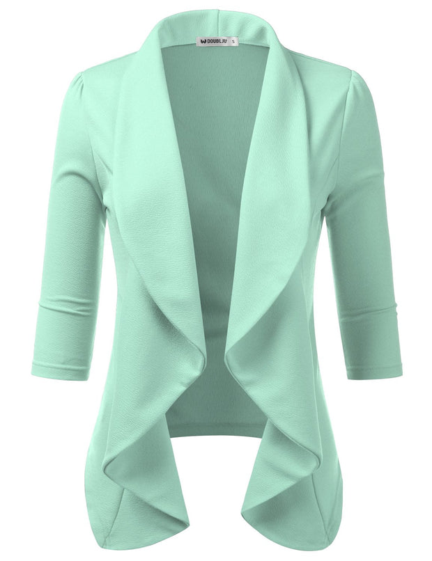 DOUBLJU Lightweight Thin 3/4 Sleeve Open Front Blazer Business Casual Deconstructed Jackets for Womens Clothes with Plus Size
