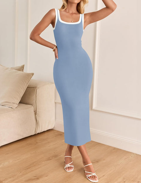 ZESICA Women's 2025 Summer Bodycon Midi Dress Casual Sleeveless Square Neck Side Slit Knit Vacation Long Dresses