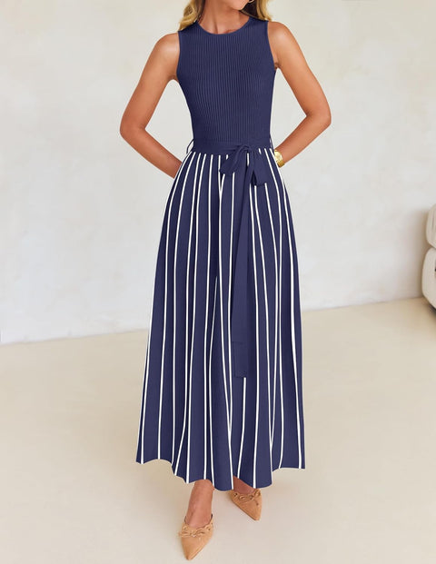 ZESICA Women's Summer Sleeveless Midi Dress 2025 Crewneck Ribbed Knit Tie Waist Casual A Line Swing Dresses