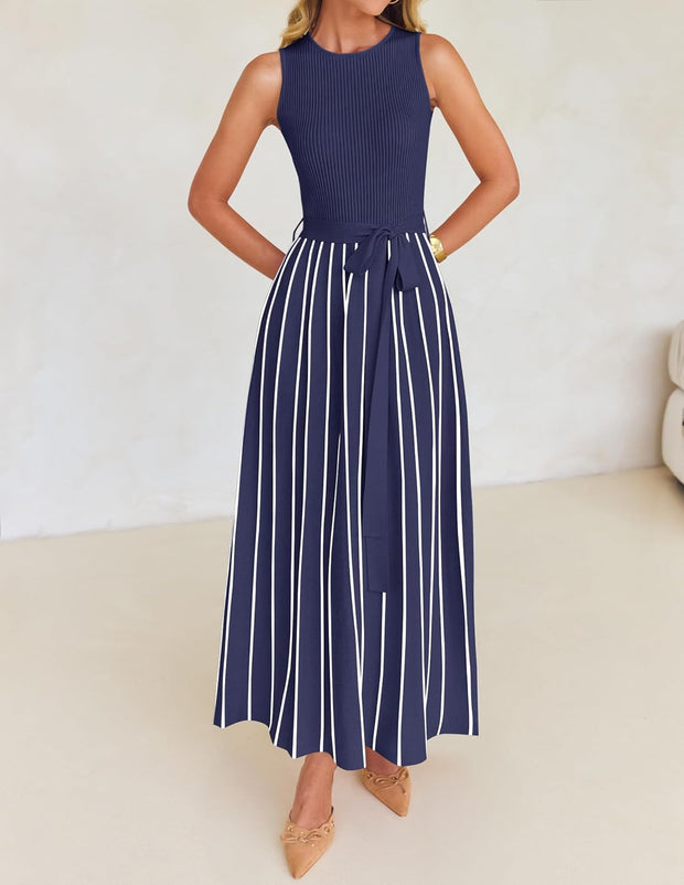 ZESICA Women's Summer Sleeveless Midi Dress 2025 Crewneck Ribbed Knit Tie Waist Casual A Line Swing Dresses