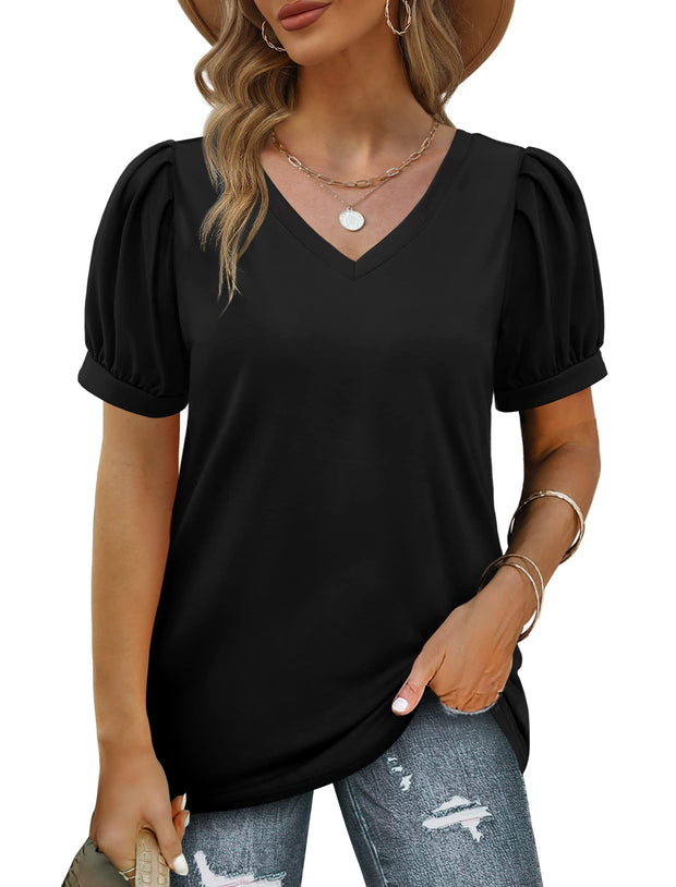 Geifa Womens Summer Tops Puff Short Sleeve V Neck T Shirts Loose Casual Tshirts