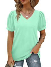 Geifa Womens Summer Tops Puff Short Sleeve V Neck T Shirts Loose Casual Tshirts