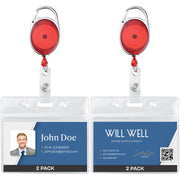 Will Well ID Badge Holders with Clip and Keyring - Horizontal Clear Plastic 2.52" x 3.58" Sleeves Fit Up to 3 Cards - Retractable 24" UHMWPE Fiber Pull Cords for Easy Access - 2-Pack, Black Reels