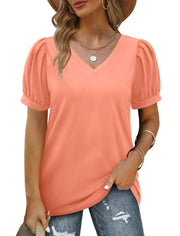 Geifa Womens Summer Tops Puff Short Sleeve V Neck T Shirts Loose Casual Tshirts