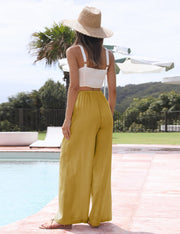 Faleave Women's Cotton Linen Summer Palazzo Pants Flowy Wide Leg Beach Trousers with Pockets