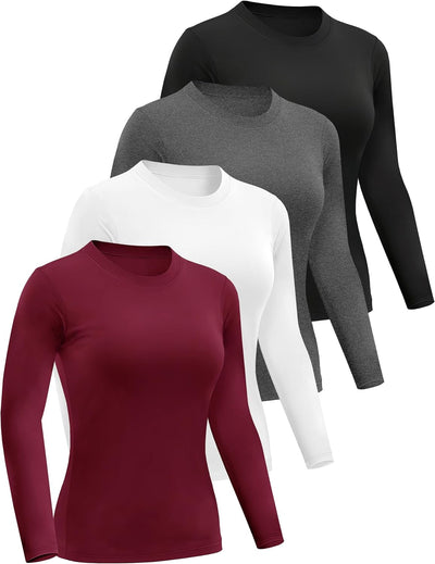 4 Pack Women’s Long Sleeve Basic Shirts Crew Neck Slim Fitted Compression Gym Workout Athletic Underscrubs Tops