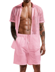 LecGee Men Summer Casual Short Sets Lace Short Sleeve Button Down Shirt Elastic Waist Shorts 2 Piece Outfits Tracksuit