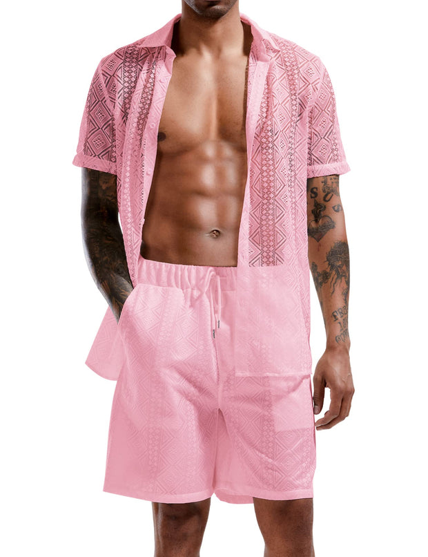 LecGee Men Summer Casual Short Sets Lace Short Sleeve Button Down Shirt Elastic Waist Shorts 2 Piece Outfits Tracksuit