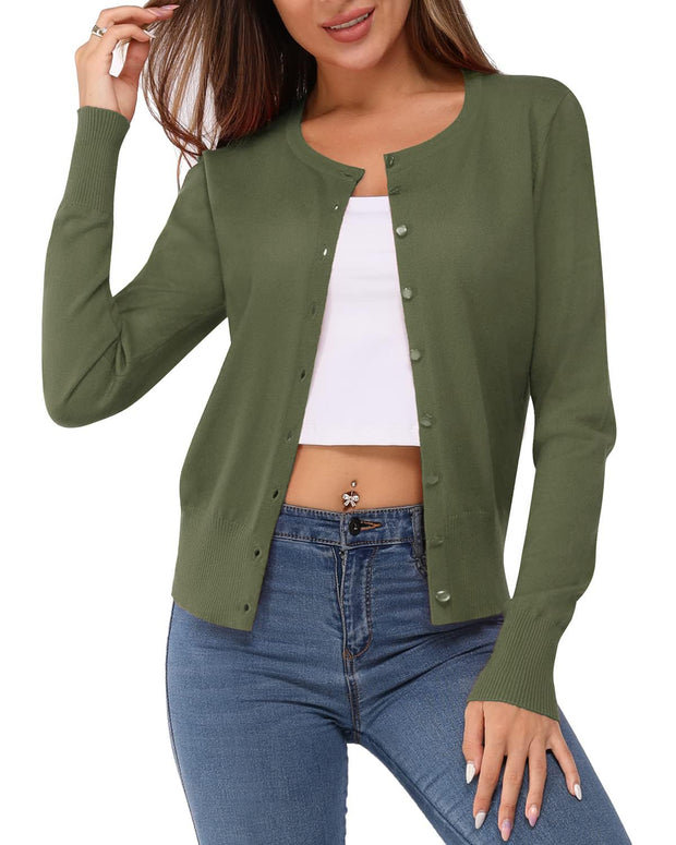 Newshows Women's Lightweight Button Down Cardigan Long Sleeve Casual Crew Neck Soft Knit Cardigans Sweater Tops
