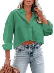 Tankaneo Womens Button Down Cropped Shirts Long Sleeve Casual Crop Tops Solid Lapel Blouse Shirt with Chest Pocket