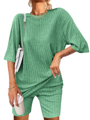 Ekouaer Pajamas 2 Piece Lounge Sets Ribbed Knit Matching Outfits T-shirt Biker Shorts Sleepwear Loungewear Sweatsuits