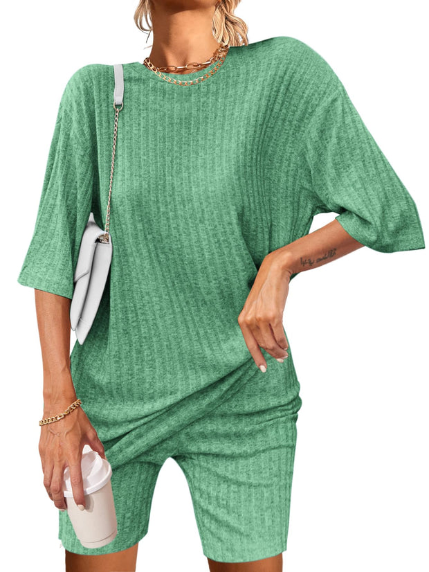 Ekouaer Pajamas 2 Piece Lounge Sets Ribbed Knit Matching Outfits T-shirt Biker Shorts Sleepwear Loungewear Sweatsuits