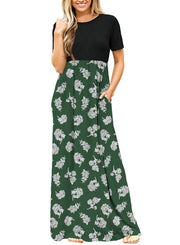 DEARCASE Maxi Dress for Women Black Medium Crewneck Short Sleeves Wedding Guest A-line Casual Party Vintage Spring Summer Beach Long Dresses with Pockets