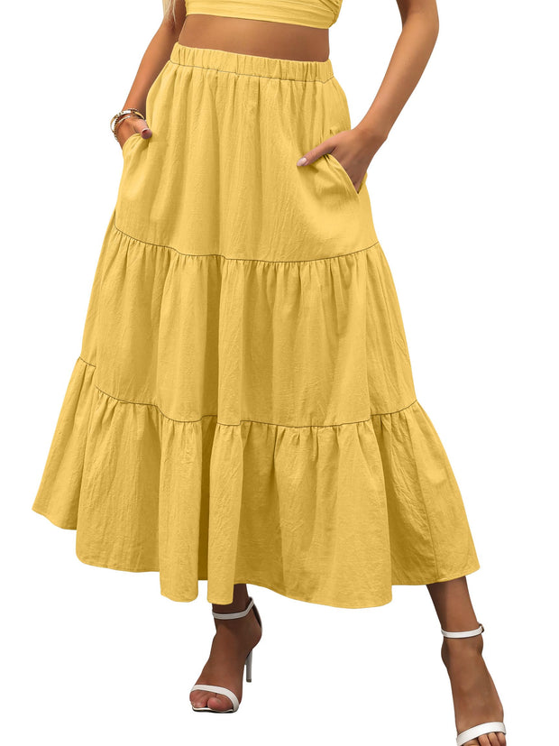 ANRABESS Women’s Summer Boho Flowy Swing Tiered A-Line Maxi Skirt 2025 Fashion Trendy Elastic Waist Pleated Long Beach Dress