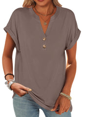 ANRABESS Womens Short Sleeve Henley Tops V Neck Dressy Casual Loose Fit Shirts Summer Flowy Blouses 2025 Trendy Clothes