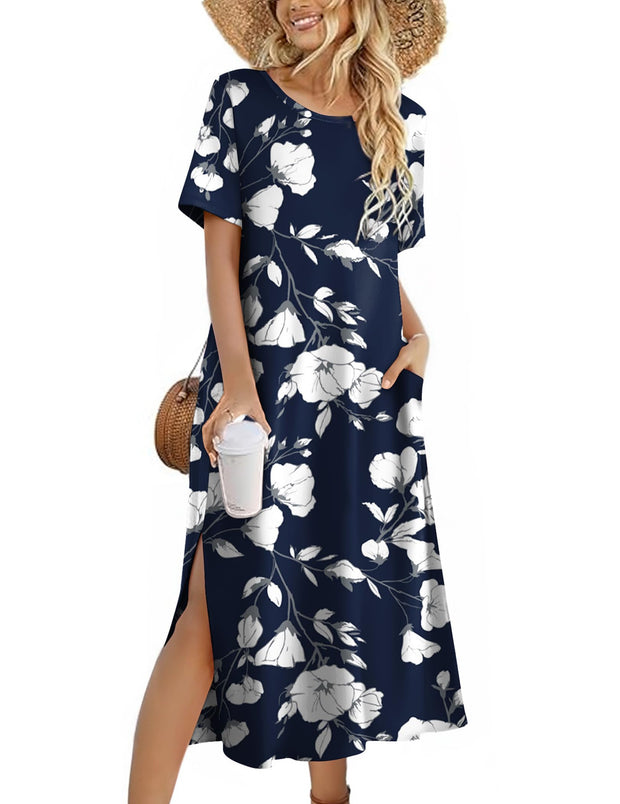 Zeagoo Women Long Sun Dress Summer T Shirt Dresses Beach Dress Casual Short Sleeve Tropical O Neck A Line Maxi Dresses Loose Side Slit Cover Up with Pockets 2025 Black XXL