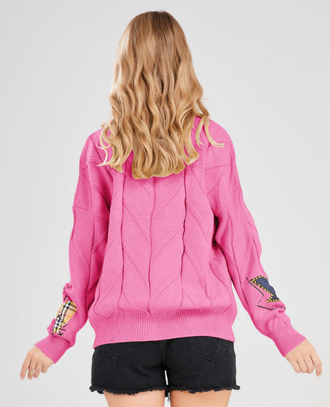 Women's Cable Knit Long Sleeve Open Front Cardigan Sheep V-Neck Button Down Embroidery Wool Blend Sweater Coat Outwear