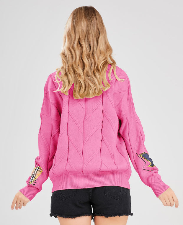 Women's Cable Knit Long Sleeve Open Front Cardigan Sheep V-Neck Button Down Embroidery Wool Blend Sweater Coat Outwear