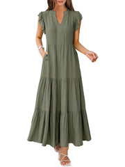 ANRABESS Womens Summer Casual Maxi Dress V Neck Ruffle Sleeve Long Dresses Fashion Flowy Tiered Boho Beach Vacation Sundress Black Large