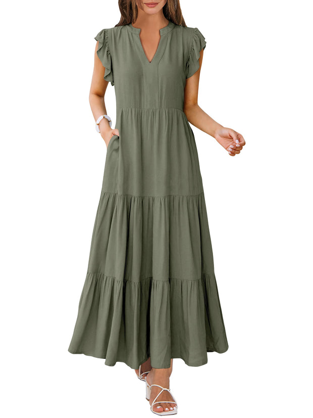 ANRABESS Womens Summer Casual Maxi Dress V Neck Ruffle Sleeve Long Dresses Fashion Flowy Tiered Boho Beach Vacation Sundress Black Large