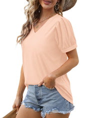 Geifa Womens Summer Tops Puff Short Sleeve V Neck T Shirts Loose Casual Tshirts