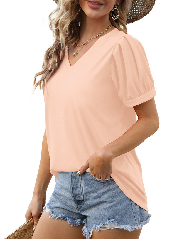 Geifa Womens Summer Tops Puff Short Sleeve V Neck T Shirts Loose Casual Tshirts