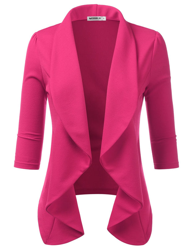 DOUBLJU Lightweight Thin 3/4 Sleeve Open Front Blazer Business Casual Deconstructed Jackets for Womens Clothes with Plus Size