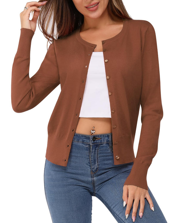 Newshows Women's Lightweight Button Down Cardigan Long Sleeve Casual Crew Neck Soft Knit Cardigans Sweater Tops