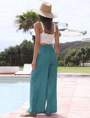 Faleave Women's Cotton Linen Summer Palazzo Pants Flowy Wide Leg Beach Trousers with Pockets
