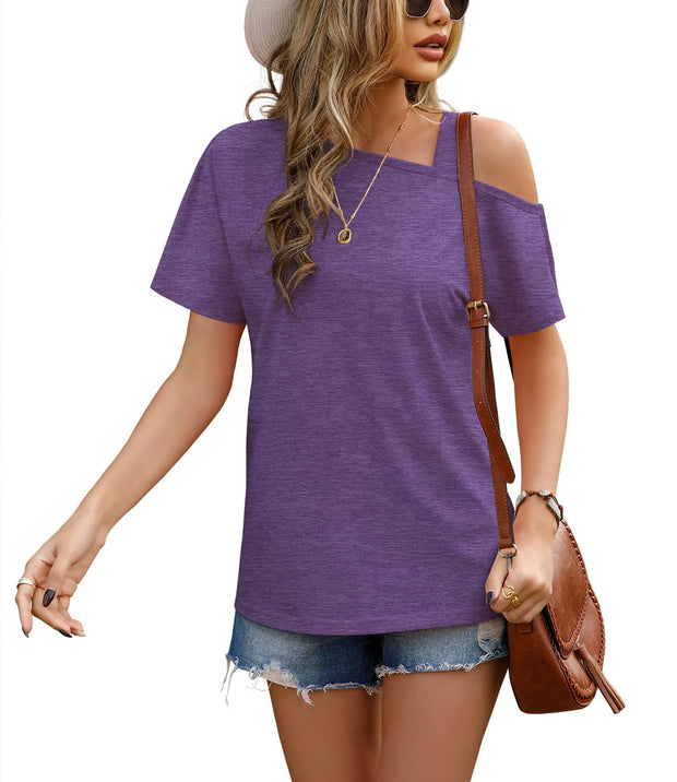 JINKESI Women's Short Sleeve Tunic Tops Casual Summer Cold Shoulder Blouse Shirts