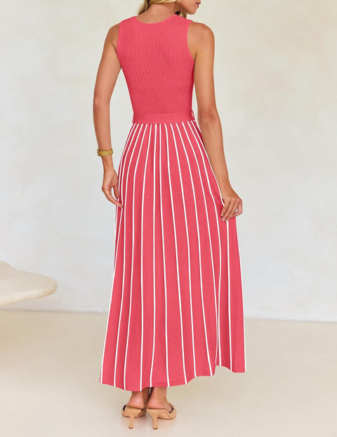 ZESICA Women's Summer Sleeveless Midi Dress 2025 Crewneck Ribbed Knit Tie Waist Casual A Line Swing Dresses