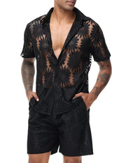 LecGee Men Summer Casual Short Sets Lace Short Sleeve Button Down Shirt Elastic Waist Shorts 2 Piece Outfits Tracksuit