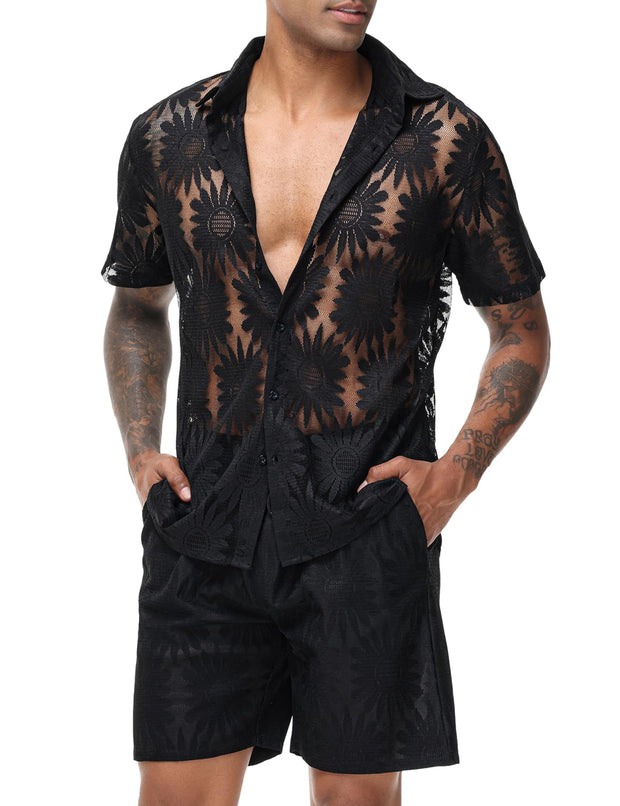 LecGee Men Summer Casual Short Sets Lace Short Sleeve Button Down Shirt Elastic Waist Shorts 2 Piece Outfits Tracksuit
