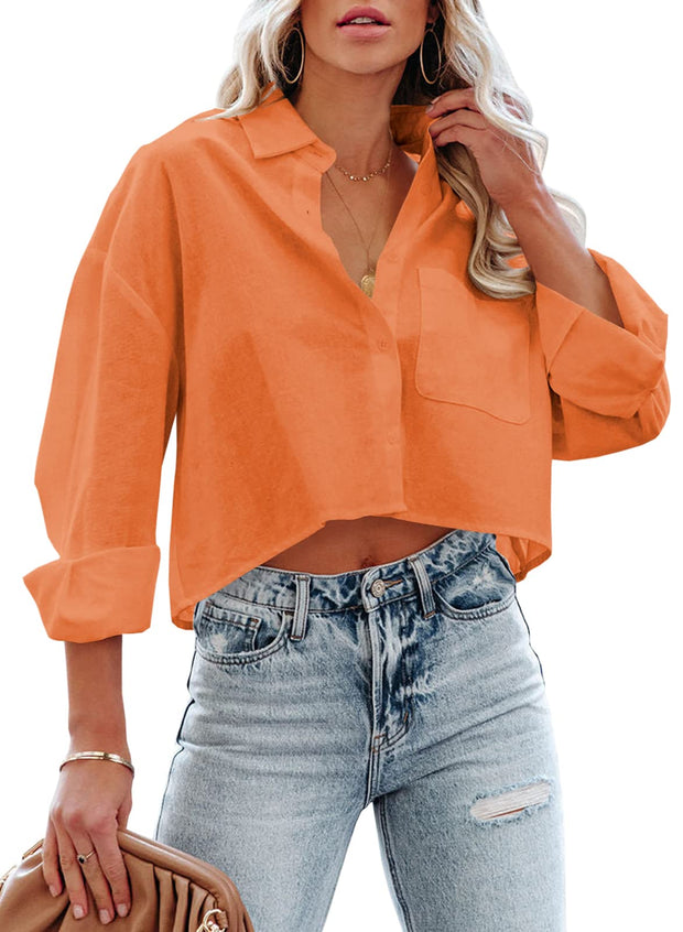Tankaneo Womens Button Down Cropped Shirts Long Sleeve Casual Crop Tops Solid Lapel Blouse Shirt with Chest Pocket