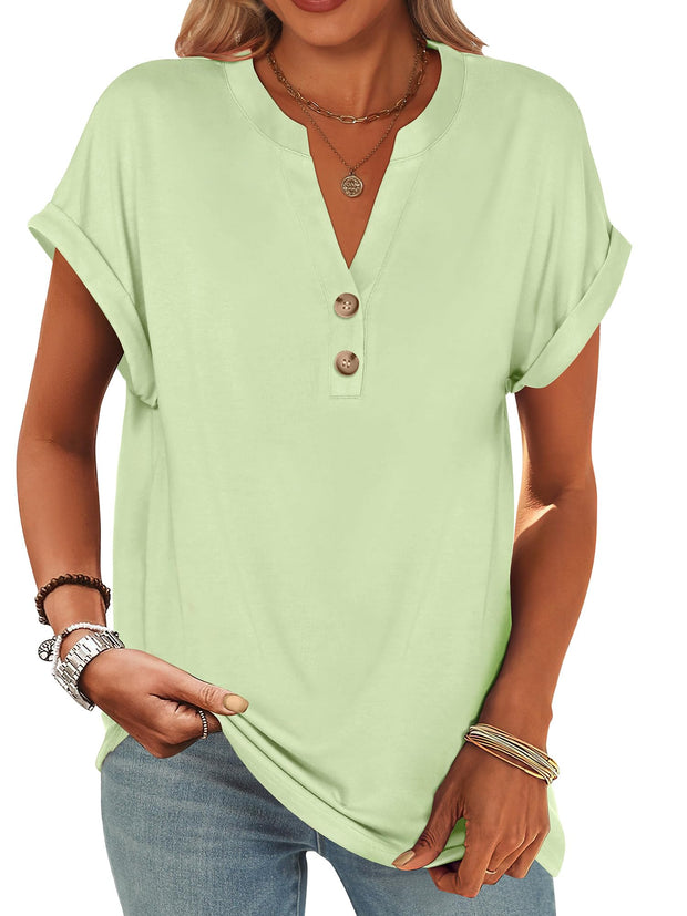 ANRABESS Womens Short Sleeve Henley Tops V Neck Dressy Casual Loose Fit Shirts Summer Flowy Blouses 2025 Trendy Clothes
