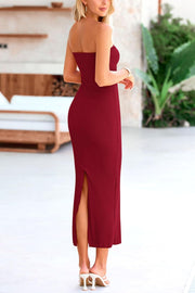PRETTYGARDEN Women's Bodycon Long Dresses Summer Strapless Tube Twist Knot Front Ribbed Knit Maxi Cocktail Dress with Slit