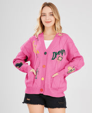Women's Cable Knit Long Sleeve Open Front Cardigan Sheep V-Neck Button Down Embroidery Wool Blend Sweater Coat Outwear
