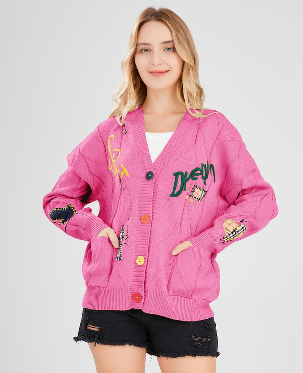 Women's Cable Knit Long Sleeve Open Front Cardigan Sheep V-Neck Button Down Embroidery Wool Blend Sweater Coat Outwear