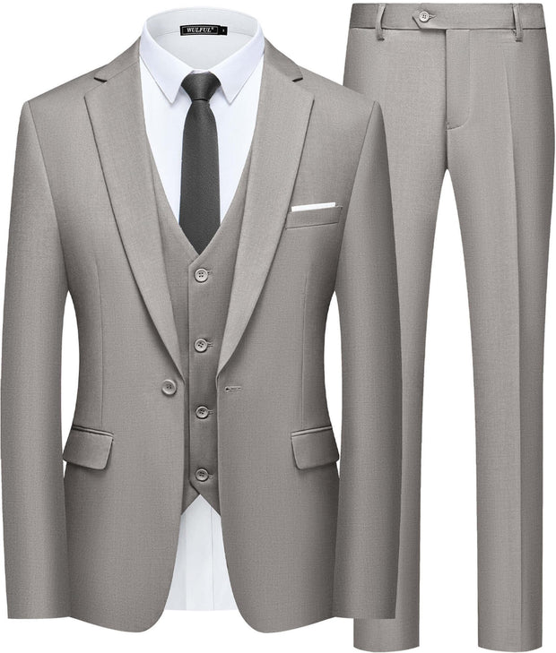 WULFUL Men’s Slim Fit Suit One Button 3-Piece Blazer Dress Business Wedding Party Jacket Vest & Pant