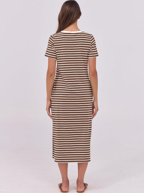 ANRABESS Womens Summer Casual Midi Dress Short Sleeve Crewneck T Shirt Long Dresses Split Stripe Beach Vacation Travel Outfit Small