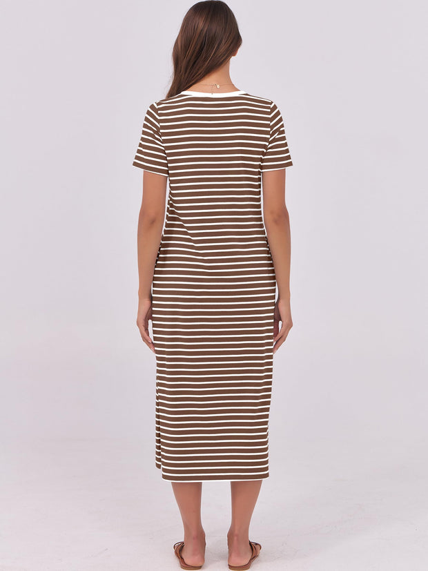 ANRABESS Womens Summer Casual Midi Dress Short Sleeve Crewneck T Shirt Long Dresses Split Stripe Beach Vacation Travel Outfit Small