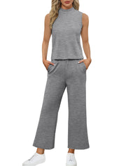 SAMPEEL Two Piece Sets for Women Summer Outfits Lounge Sets Mock Neck Tops Wide Leg Crop Pants Vacation Travel Outfits