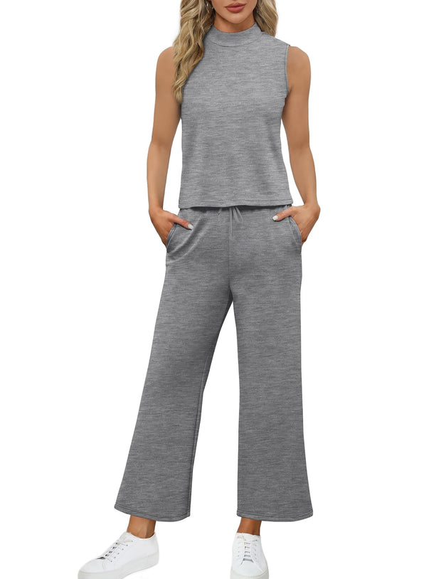 SAMPEEL Two Piece Sets for Women Summer Outfits Lounge Sets Mock Neck Tops Wide Leg Crop Pants Vacation Travel Outfits