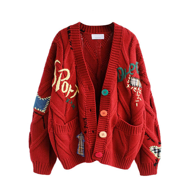Women's Cable Knit Long Sleeve Open Front Cardigan Sheep V-Neck Button Down Embroidery Wool Blend Sweater Coat Outwear