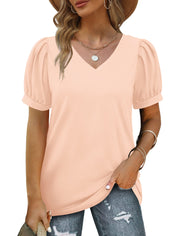 Geifa Womens Summer Tops Puff Short Sleeve V Neck T Shirts Loose Casual Tshirts