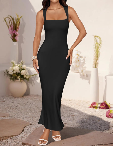 ZESICA Women's Summer Bodycon Midi Dress Sleeveless Square Neck Slim Fit Back Slit Long Cocktail Party Dresses