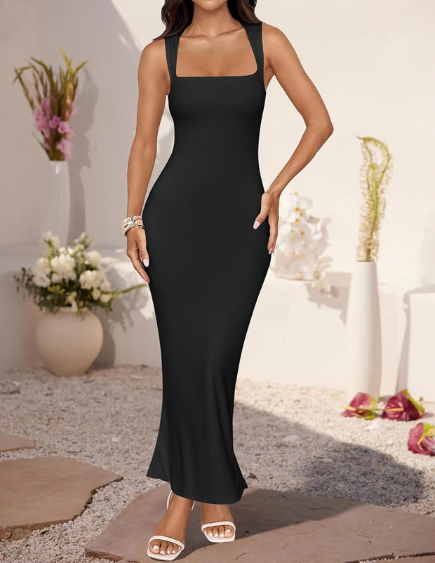 ZESICA Women's Summer Bodycon Midi Dress Sleeveless Square Neck Slim Fit Back Slit Long Cocktail Party Dresses