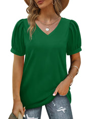 Geifa Womens Summer Tops Puff Short Sleeve V Neck T Shirts Loose Casual Tshirts