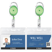 Will Well ID Badge Holders with Clip and Keyring - Horizontal Clear Plastic 2.52" x 3.58" Sleeves Fit Up to 3 Cards - Retractable 24" UHMWPE Fiber Pull Cords for Easy Access - 2-Pack, Black Reels